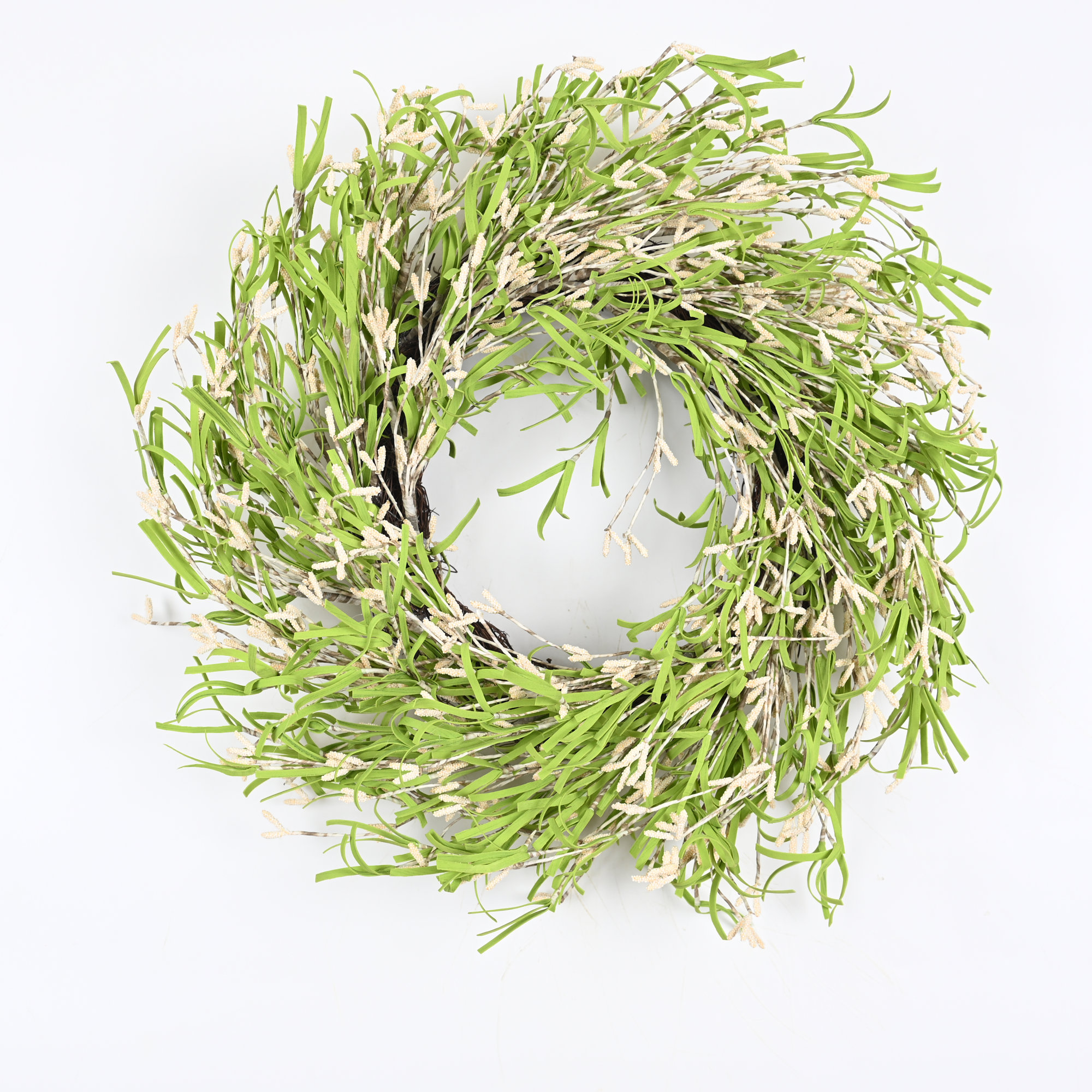 22" Artificial Farmhouse Blossoms Cluster Grass Berry Spring Summer Wreath For Front Door, Cream