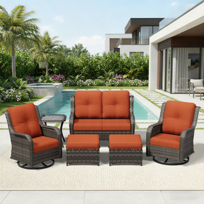 4-Person Outdoor Furniture Set with Loveseat, Swivel Chairs, Ottomans Side Table & Orange Cushion