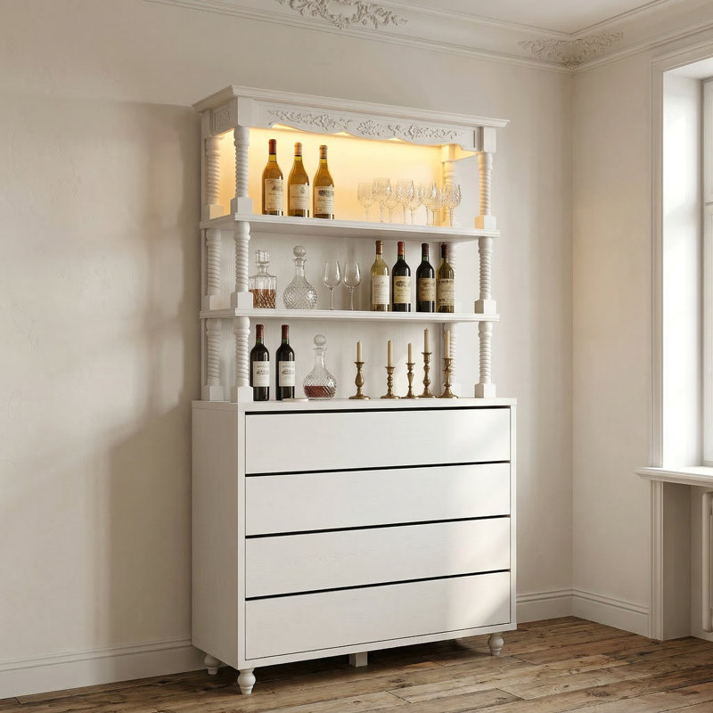 Grand bahut blanc de 81,1 po avec armoire à 4 tiroirs et éclairage télécommandé