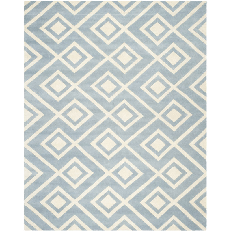 Blue and Ivory Geometric Hand-Tufted Wool Rug, 8' x 10'