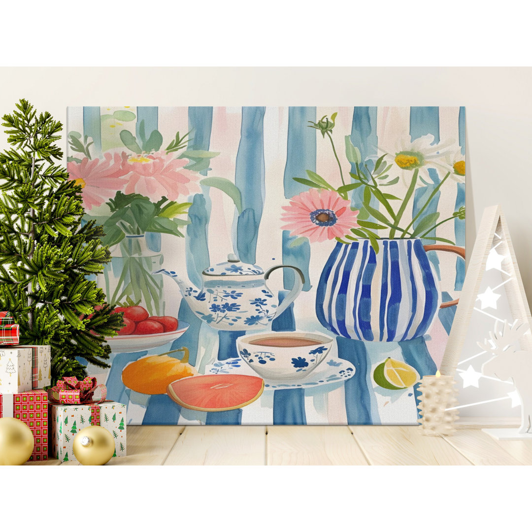 Blue Stripe Floral Still Life Canvas Print
