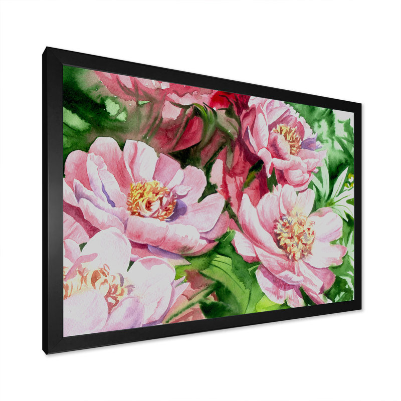 Aquarelle, pivoines roses, reproduction sur toile flottante, Cadre noir, H 8 po x l 12 po x P 1 po