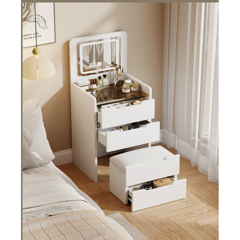 3 in 1 Vanity Desk with Plip Top Mirror,Small Make Up Vanity Set with Visible Glass Desktop,Compact Makeup Vanity with 3 Drawers,Cushioned Tool,Dressing Table for Bedroom,Gift for Mother's day