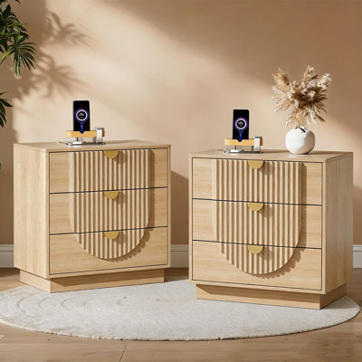 3-Drawer Nightstand Set of 2 with Charging Station, 28" Fluted Night Stand & Modern Bedside Table, Wood End Table Storage Cabinet for Bedroom Hallway, Entryway, Caramel Brown