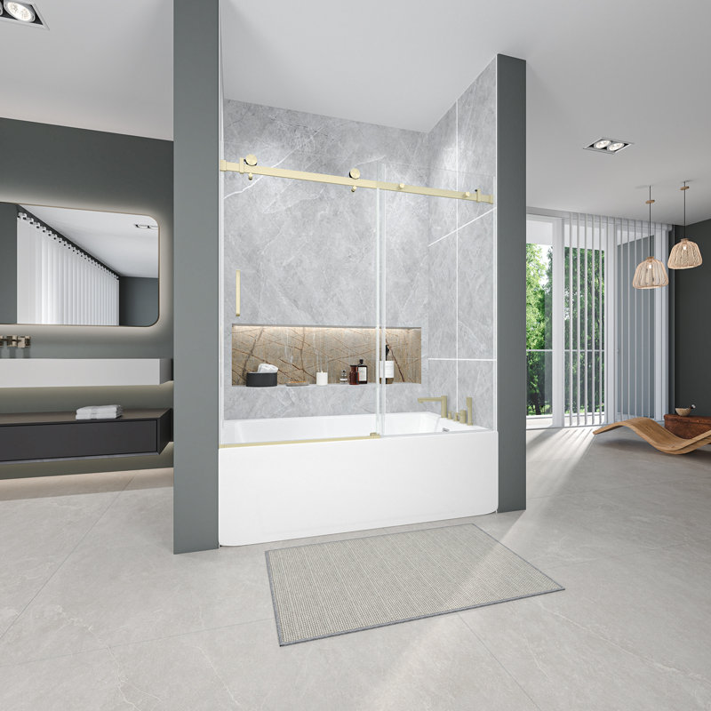 56-60" W *60" H Frameless Single-sliding Shower Door,1/4" (6mm) Thick Sgcc Tempered Glass,brushed Gold ,bathroom,hotel/apartment