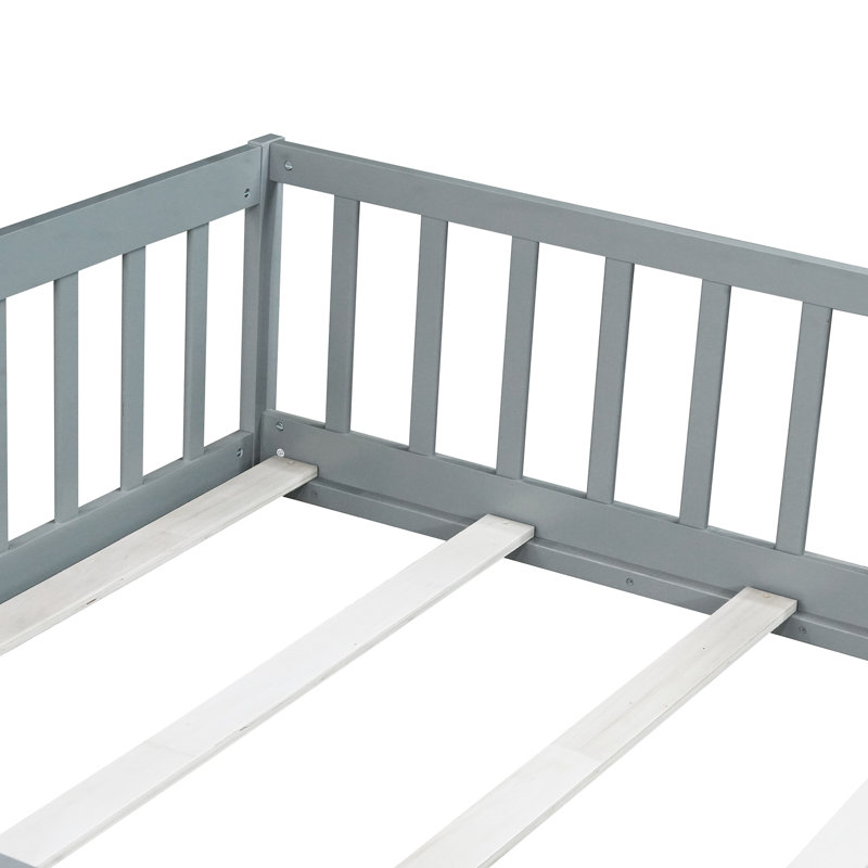  Full Size Floor Bed for Toddler, Solid Wood Floor Bed with Door and Fence Guardrail, Montessori Floor Bed for Boys, Girls, Grey