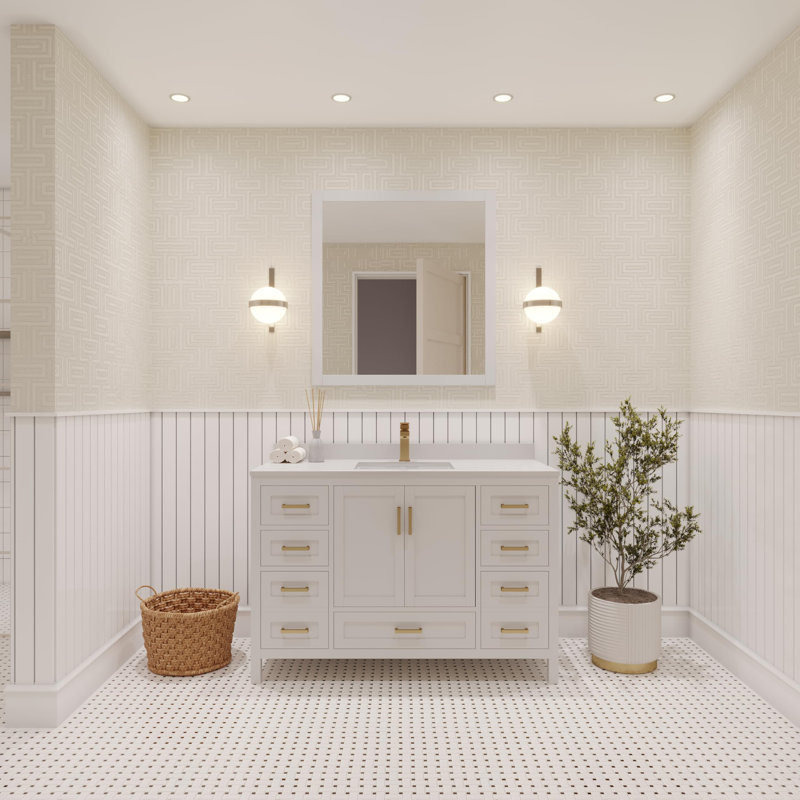 Rooh 48'' Single Bathroom Vanity with White Quartz Top, White, Brushed Gold