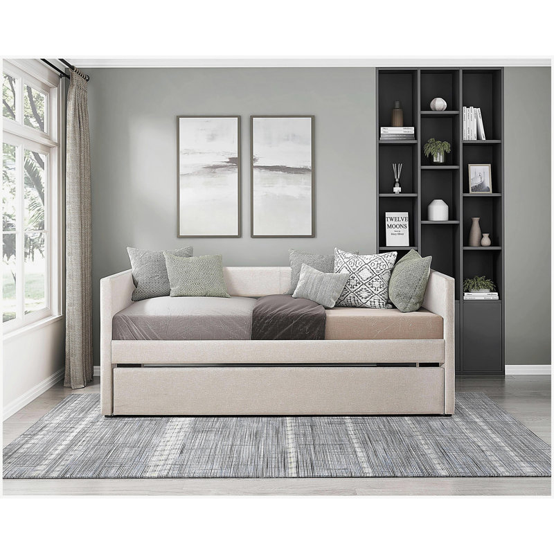 1pc Daybed with Trundle Beige Fabric Upholstery Wooden Frame Modern Home Furniture, Beige