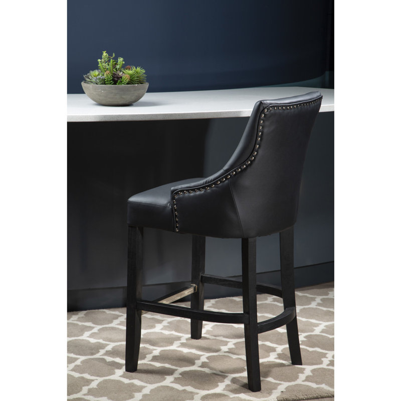 Esma Upholstered Counter Stool with Solid Wood Frame, Black, Black