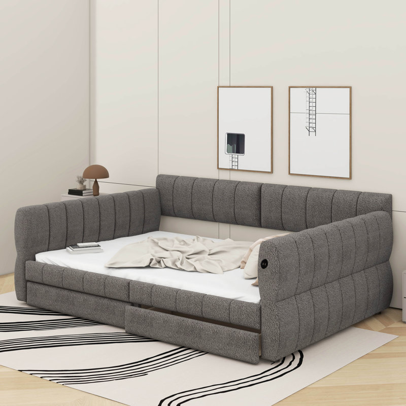 Grand lit plateforme tapissier avec port USB et tiroirs, Gris