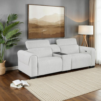 Castonguay 96" Modern & Contemporary Chenille Power Reclining Sofa with power headrests, USB & power outlets, and convenient console with cup holders.