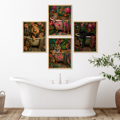 Ensemble de 4 reproductions d'art mural de luxe avec chats sauvages dans une jungle botanique ornée de léopard, tigre, panthère noire, salle de bain, salle de spa, salle d'eau ou salon