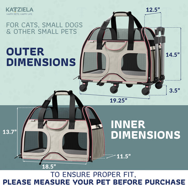 White and Pink Soft-Sided Rolling Pet Carrier with Telescopic Handle