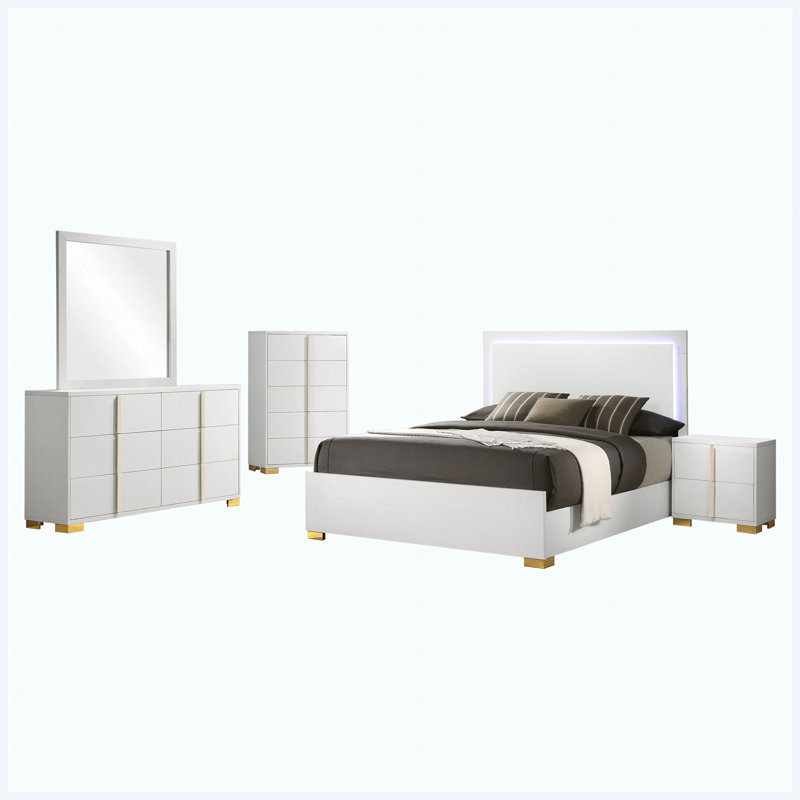 Ensemble de chambre avec grand lit 5 pièces White, White, 5 Pcs: Bed, Nightstand, 2 Dressers, Mirror, Queen