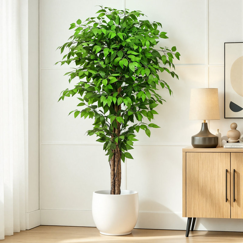 Ficus artificiel de 1,80 m, faux ficus avec pot noir, arbre réaliste pour la décoration intérieure de la maison, du bureau et de l'entrée.