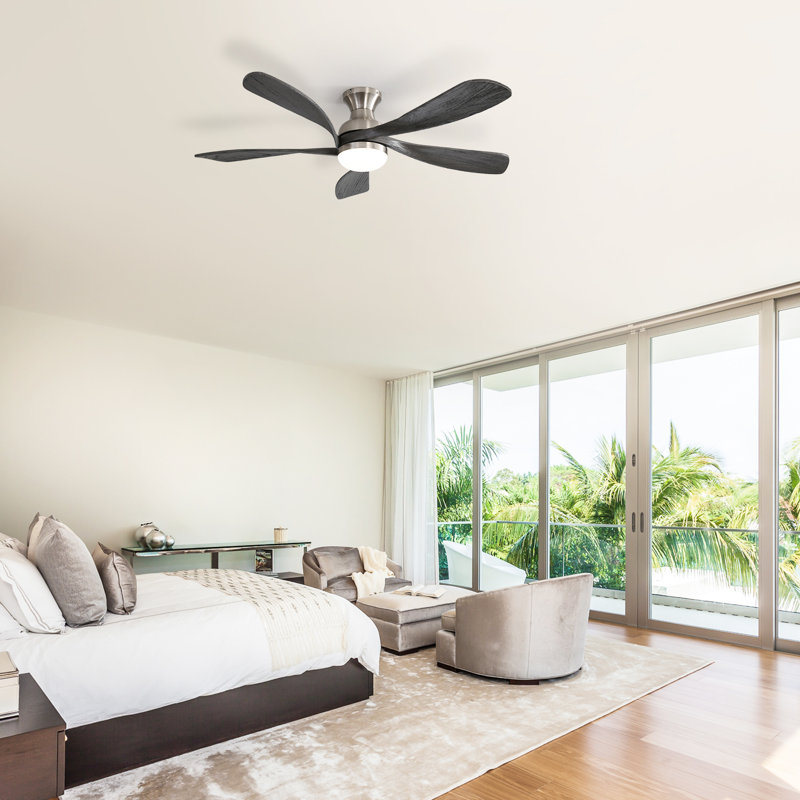 Whisper 52" 5-Solid Blade Classic Flush Mount Ceiling Fan with LED Light Kit and Remote Control，Nickel&Dark Gray, Chrome