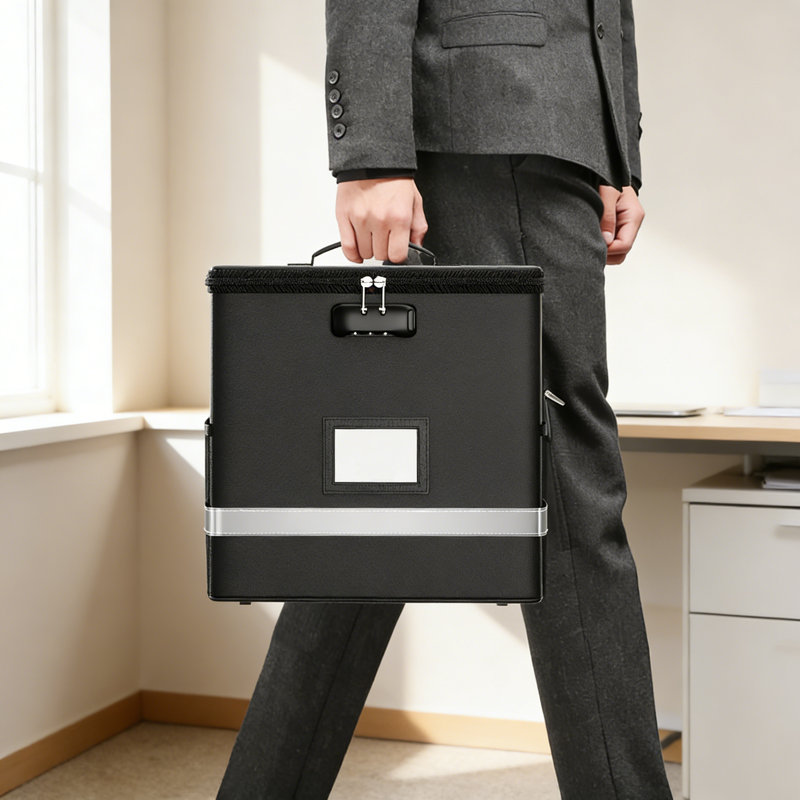 Fireproof File Box 12.2''X6''x10.2'' Black Document Storage Organizer With Lock Collapsible Reflective Strip