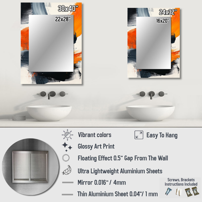 Balck And Orange Converge Dream I - Line Art Decorative Mirror, Modern Wall Mirror, Printed Metal Art, 32" x 24"
