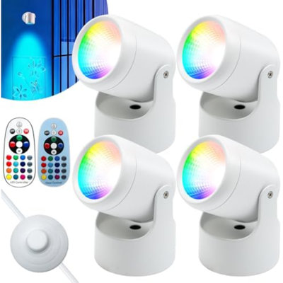 Projecteur d'intérieur 4 PCS RVBW pour plantes, 6 lumières à DEL avec télécommande et interrupteur au pied, éclairage décoratif changeant de couleur pour le mur, les œuvres d'art, la décoration de pièce et de fête, lampe de plancher à brancher, blanc