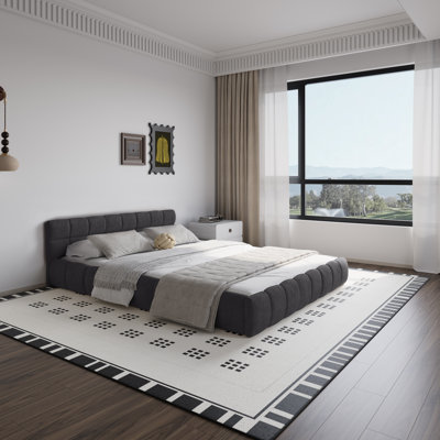 Katence Elegant Linen Queen Platform Bed with Upholstered Headboard and Solid Frame Stability