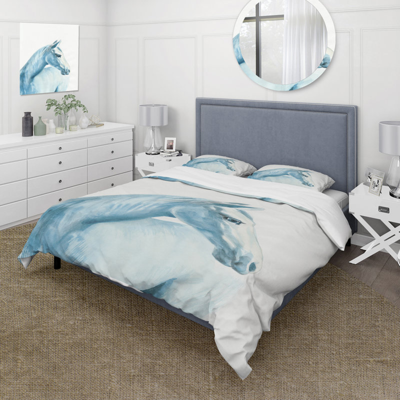 Portrait d'un cheval bleu clair - ensemble de housse de couette Farmhouse - microfibre de polyester