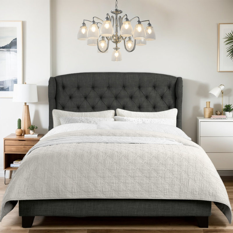Lit tapissier en tissu, base de lit à hauteur réglable capitonnée, Double, Noir