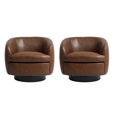 Fauteuil demi-tonneau pivotant rembourré en similicuir brun avec base en bois massif