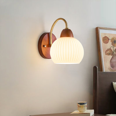 Punkin Shape Ribber Glass Wall Lamp With Wooden Base