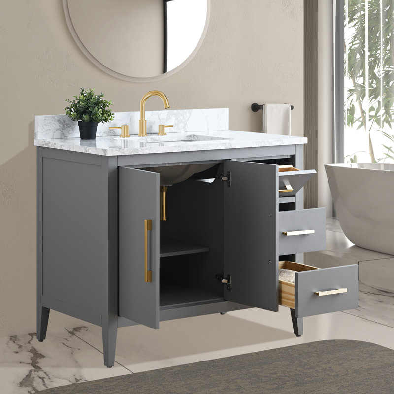 Chambery 42" Single Sink Bathroom Vanity with Engineered Marble Top, Golden Brushed, Cashmere Gray