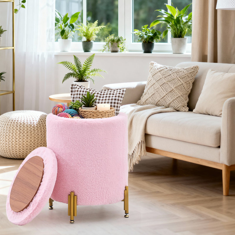 Repose-pieds rond en velours avec rangement, Rose
