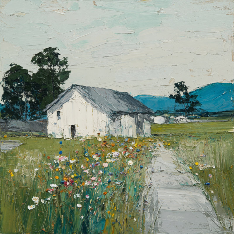 «Country Path to the White Barn», art mural sur toile tendue, H 30 po x l 30 po