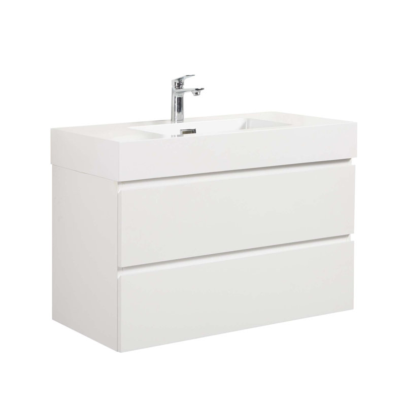 Grand meuble-lavabo de rangement mural moderne avec lavabo sans drain et robinet, Blanc, Blanc