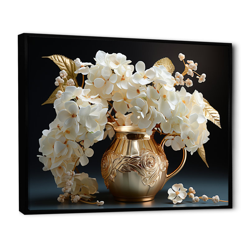 «Baroque Hydrangea» blanc et or V - Hydrangea, reproduction d'art sur toile encadrée, Cadre flottant noir