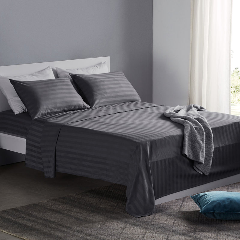 Gray King Cotton Damask Stripe 4-Piece Sheet Set
