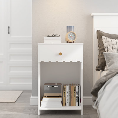 Mid-Century Modern Scalloped Wooden Nightstands With Single Drawer And Shelf