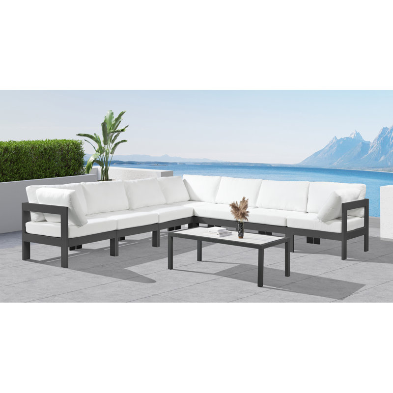 Canapé modulaire d'extérieur de 120 po avec coussins Berendina, Gris foncé, Blanc