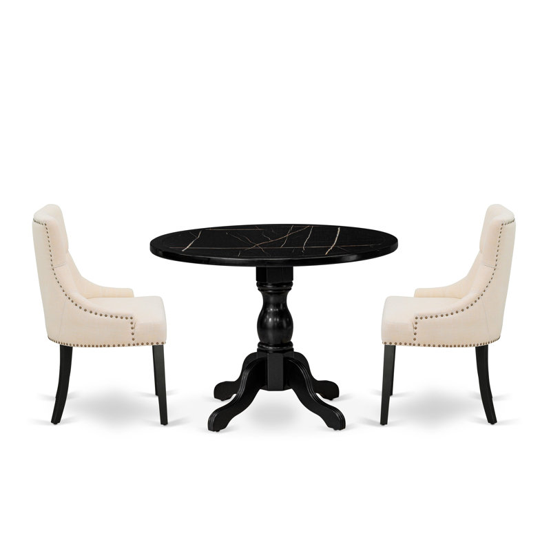 3 pc Mid-Century Dining Set contains a Round Table and 2 Light Beige Linen Fabric Dining Chairs with Button Tufted Back Wire brushed Black