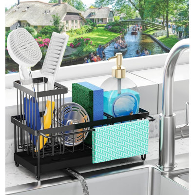 Organisateur d'évier de cuisine avec porte-brosse, support à éponge en acier inoxydable avec plateau de drainage, accessoires d'évier antirouille pour éponge, distributeur de savon et brosses (noir, grand)