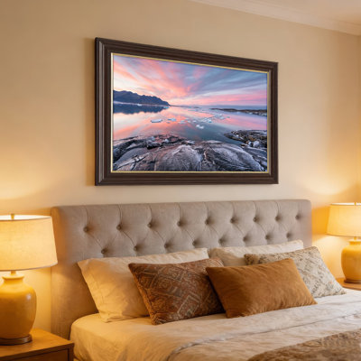 Art mural antique sur toile encadré doré pour le salon, la chambre à coucher, le bureau ou le vestibule - Décoration murale décorative avec paysage coucher de soleil