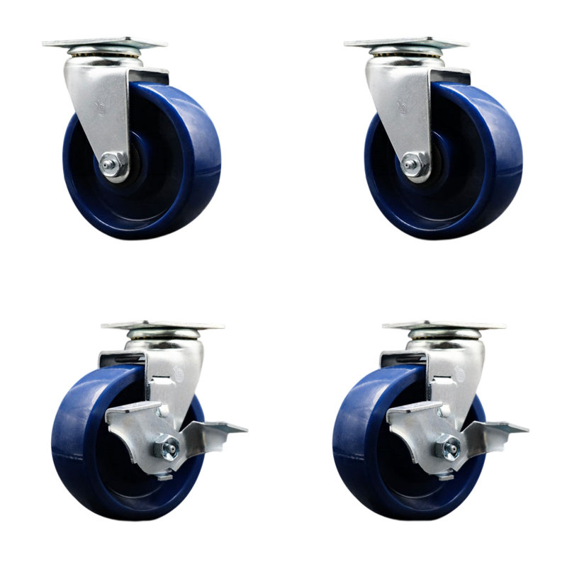 4 Piece Solid Polyurethane Swivel Caster Set with Roller Bearings 2 Brakes