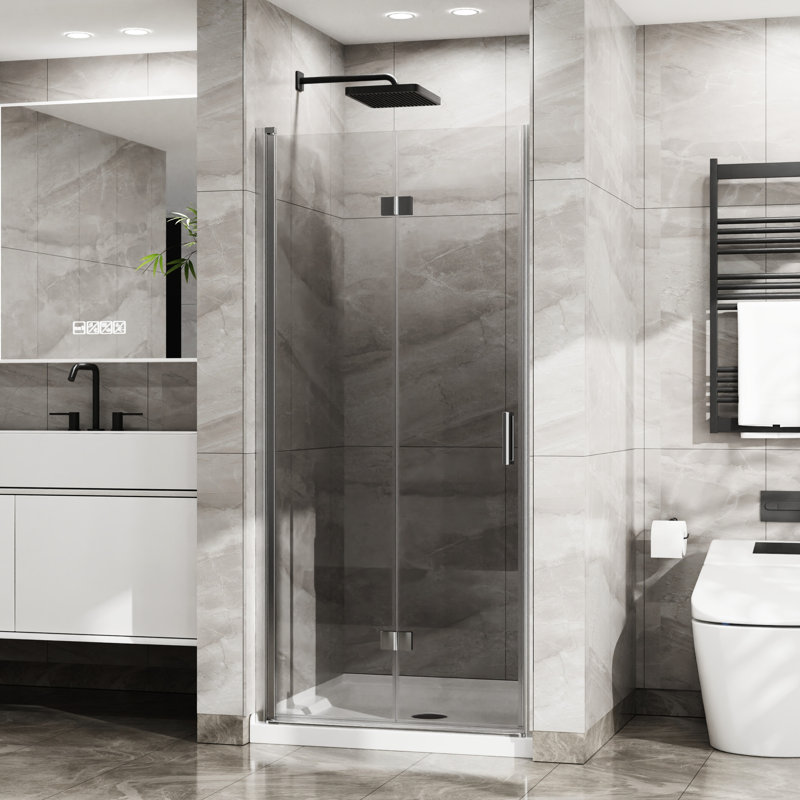 34"X 72" Glass Shower Door. Finish. 1/4" Tempered Pivot Swing. Foldable For Space Saving. Zinc Alloy Parts To Rust & Corrosion. Seals Water Leakage. 180 Pivot. Easy Installation Clear Glass.