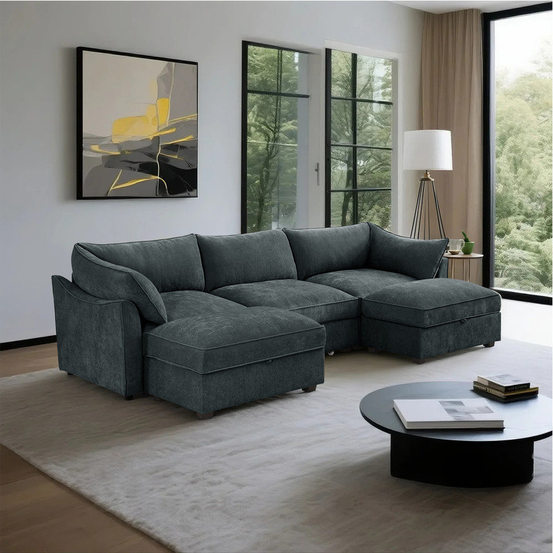 Canapé modulaire en U avec beaucoup de rangement et repose-pieds, Gris chenille