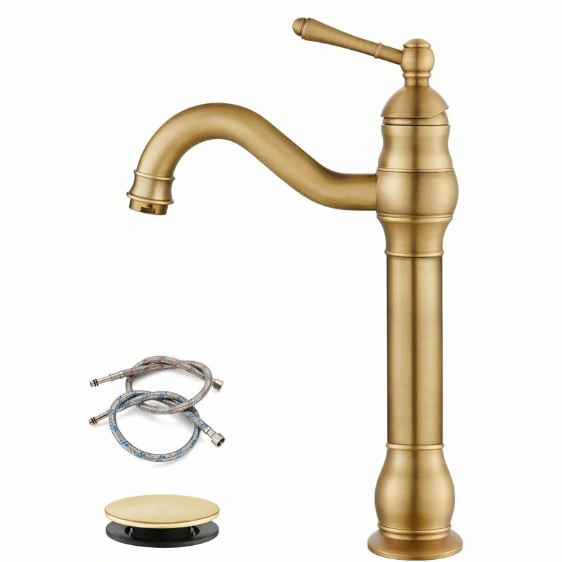 Robinet de lavabo vasque de salle de bain à poignée simple et trou unique avec ensemble de bonde escamotable, Laiton antique