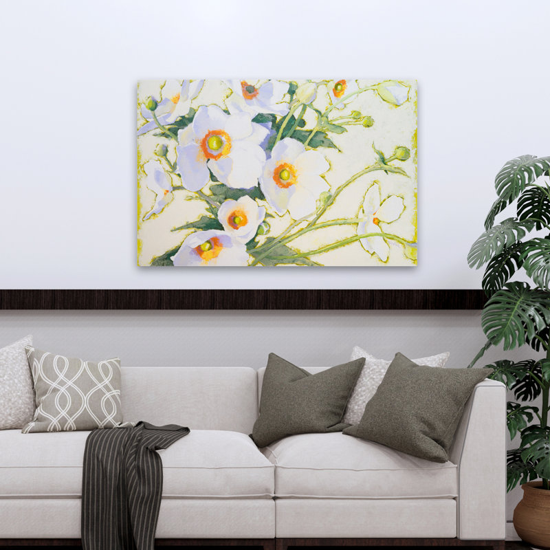 Lumière matinale brisée contemporaine florale blanc vert orange, H 48 po x l 32 po