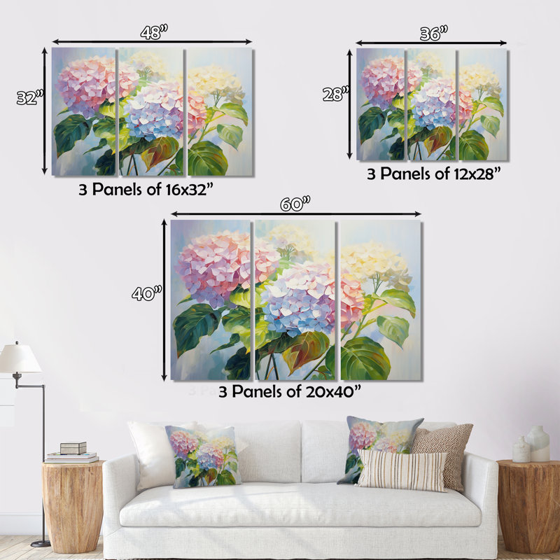 Délicat bouquet d'hortensias délicat pastel I - ensemble d'art mural sur toile hydrangées, H 28 po x l 36 po x P 1 po