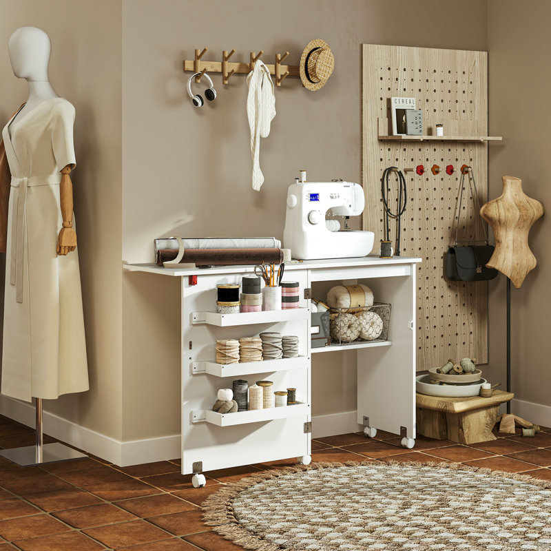 Folding Sewing Table Mobile Sewing Machine Cabinet with Shelf White