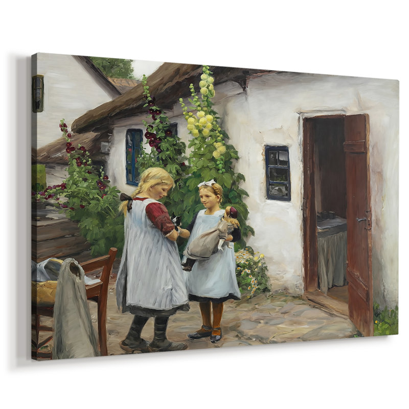 Deux filles jouant à l'extérieur d'une ferme-Hans Andersen Brendekilde-Gallery, toile tendue-c. Fin du 19e siècle / début du 20e siècle