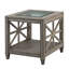 Table d'appoint de style champêtre avec plateau en verre et étagère de rangement, collection LUMERA, table d'appoint en bois gris avec panneaux décoratifs en forme de X pour le salon-809827779