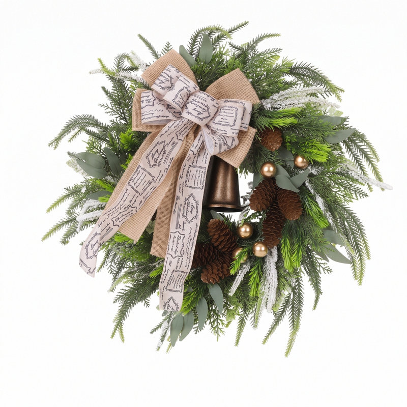 Couronne de Noël artificielle en pin de 50 cm avec nœud en toile de jute, pommes de pin et cloche en métal, décoration hivernale pour porte d'entrée