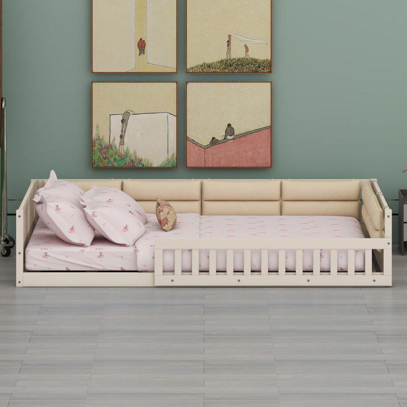 Structure de lit rembourrée en bois avec garde-corps de sécurité, Beige